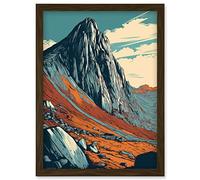 Tryfan Mountain Peak Landscape Teal Brown Linocut Artwork Framed Wall Art Print A4 Artery8 Brown One Size