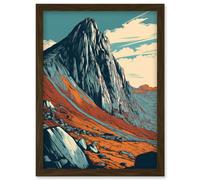 Tryfan Mountain Peak Landscape Teal Brown Linocut Artwork Framed Wall Art Print A4 Artery8 Brown One Size