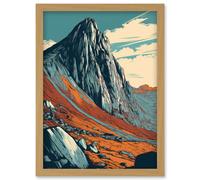 Tryfan Mountain Peak Landscape Teal Brown Linocut Artwork Framed Wall Art Print A4 Artery8 Light Oak One Size