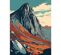 Artery8 Tryfan Mountain Peak Landscape Teal Brown Linocut Large Wall Art Poster Print Thick Paper 18X24 Inch