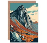 Artery8 Tryfan Mountain Peak Landscape Teal Brown Linocut Travel Birthday Sealed Greeting Card Plus Envelope Blank inside