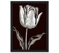 Artery8 Tulip Flower Black and White Contour Folk Art Artwork Framed A3 Wall Art Print