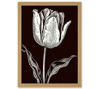Artery8 Tulip Flower Black and White Contour Folk Art Artwork Framed A3 Wall Art Print