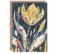 Artery8 Tulip Flower Bloom Colourful Folk Art Painting Birthday Art Card in Blue Artery8 Blue