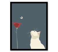 Artery8 Tulip Flower and Butterfly White Cat Lover Design Living Room Artwork Framed Wall Art Print A4