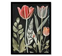 Artery8 Tulip Flower Field Red Green Grey Folk Art Floral Framed Art Print | Size: A4 Artery8 Green A4