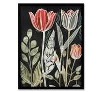 Artery8 Tulip Flower Field Red Green Grey Folk Art Floral Living Room Artwork Framed Wall Art Print 18X24 Inch