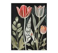 Artery8 Tulip Flower Field Red Green Grey Folk Art Floral Living Room Extra Large XL Wall Art Poster Print