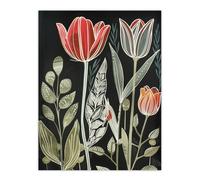 Artery8 Unframed Wall Art Tulip Flower Field Red Green Grey Folk Art Floral - 12X16 Inch