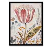 Artery8 Tulip Flower Orange Grey Pink Folk Art Floral Living Room Artwork Framed Wall Art Print 18X24 Inch