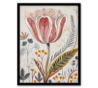 Artery8 Tulip Flower Orange Grey Pink Folk Art Floral Wall Art Print - A4 Size