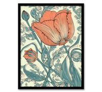 Artery8 Wall Art Print Tulip Flower Pattern Detail William Morris Style Painting Teal Blue Coral Pink Spring Blooms Nature Colourful Bright Floral Artery8 Multicolor A4