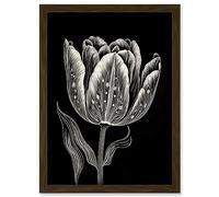 Artery8 Tulip Flower White on Black Blind Contour Folk Art Artwork Framed Wall Art Print A4