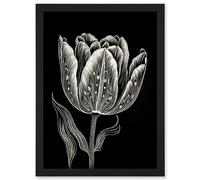 Artery8 Tulip Flower White on Black Blind Contour Folk Art Artwork Framed Wall Art Print A4