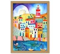 Artery8 Tunisia Seaside Town Folk Art Artwork Framed A3 Wall Art Print