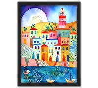 Artery8 Tunisia Seaside Town Folk Art Artwork Framed A3 Wall Art Print