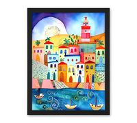 Artery8 Tunisia Seaside Town Folk Art Artwork Framed Wall Art Print 18X24 Inch