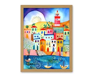 Artery8 Tunisia Seaside Town Folk Art Artwork Framed Wall Art Print 18X24 Inch