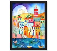 Artery8 Tunisia Seaside Town Folk Art Artwork Framed Wall Art Print A4