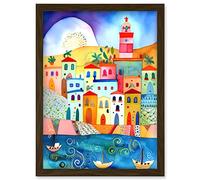 Artery8 Tunisia Seaside Town Folk Art Artwork Framed Wall Art Print A4