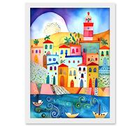 Artery8 Tunisia Seaside Town Folk Art Artwork Framed Wall Art Print A4