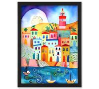 Artery8 Tunisia Seaside Town Folk Art Artwork Framed Wall Art Print A4