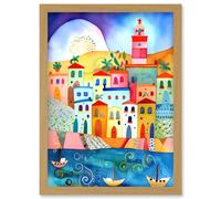 Artery8 Tunisia Seaside Town Folk Art Artwork Framed Wall Art Print A4