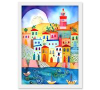 Artery8 Tunisia Seaside Town Folk Art Artwork Framed Wall Art Print A4