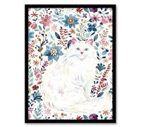 Artery8 Turkish Angora and Floral Pattern White Cat Lover Living Room Artwork Framed Wall Art Print A4