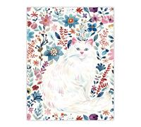 Artery8 Turkish Angora and Floral Pattern White Cat Lover Living Room Large Wall Art Poster Print Thick Paper 18X24 Inch