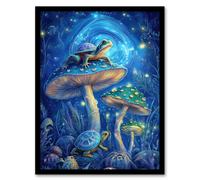 Turtle Frogs Magic Mushrooms Psychedelic Fantasy Framed Art Print Artery8 Blue A4