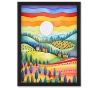 Artery8 Tuscan Rolling Hills At Sunrise Abstract Folk Art Artwork Framed Wall Art Print A4