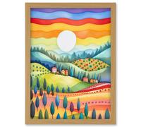 Tuscan Rolling Hills At Sunrise Abstract Folk Art Artwork Framed Wall Art Print A4 Artery8 Light Oak One Size