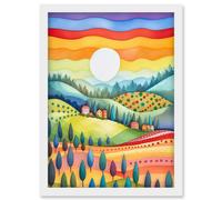 Tuscan Rolling Hills At Sunrise Abstract Folk Art Artwork Framed Wall Art Print A4 Artery8 White One Size