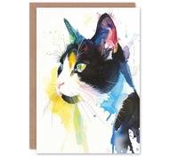 Artery8 Greeting Card Tuxedo Black White Cat Lover Bright Watercolour Blank For All Him Or Her Art Birthday Card