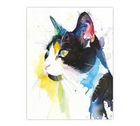 Artery8 Tuxedo Black White Cat Lover Bright Watercolour Living Room Extra Large XL Wall Art Poster Print