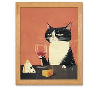 Artery8 Tuxedo Cat Drinking Wine & Cheese - Kitchen Decor Art - Oak Wood Framed Print