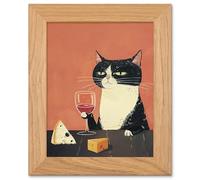 Artery8 Tuxedo Cat Drinking Wine & Cheese - Kitchen Decor Art - Oak Wood Framed Print
