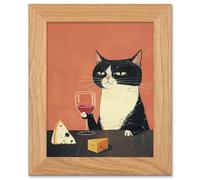 Artery8 Tuxedo Cat Drinking Wine Cheese Kitchen Decor Art Oak Wood Framed Wall Print in Orange | Size: W12" x H16" x D20mm Artery8 Orange W12" x H16" x D20mm