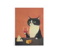 Artery8 Tuxedo Cat Drinking Wine With Cheese Canvas Wall Art Print in Orange | Size: W12" x H16" Artery8 Orange W12" x H16"
