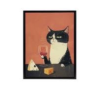 Artery8 Tuxedo Cat Drinking Wine With Cheese Framed Canvas Wall Art Print in Orange | Size: W12" x H16" Artery8 Orange W12" x H16"
