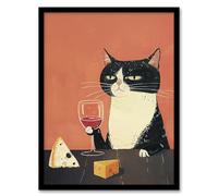 Artery8 Tuxedo Cat Drinking Wine with Cheese Painting For Kitchen Art Print Framed Poster Wall Decor 12x16 inch