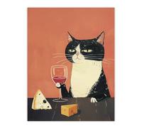 Wall Art Print Tuxedo Cat Drinking Wine with Cheese Painting Poster Artery8 Orange W18 inch x H24 inch