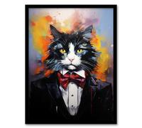 Artery8 Tuxedo Cat Lover Gift Black White Pet Portrait Artwork Painting Artwork Framed Wall Art Print A4