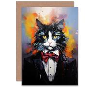Artery8 Tuxedo Cat Lover Gift Black White Pet Portrait Artwork Painting Sealed Greeting Card Plus Envelope Blank inside