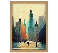 Twilight Wall Street New York City NYC Skyline Artwork Framed Wall Art Print A4 Artery8 Light Oak One Size
