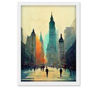 Twilight Wall Street New York City NYC Skyline Artwork Framed Wall Art Print A4 Artery8 White One Size