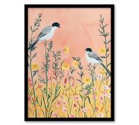 Artery8 Two Chickadee Birds in Pastel Wildflower Field Living Room Artwork Framed Wall Art Print 18X24 Inch