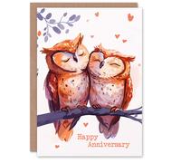 Artery8 Anniversary Card Two Cute Horned Owl Birds in Love Bright Sweet For Him or Her Partner Greeting Card