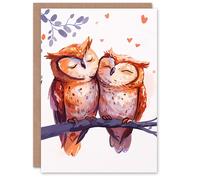 Artery8 Birthday Card Two Cute Horned Owl Birds in Love Bright Sweet Blank Arty Art All Occasion Greeting Card
